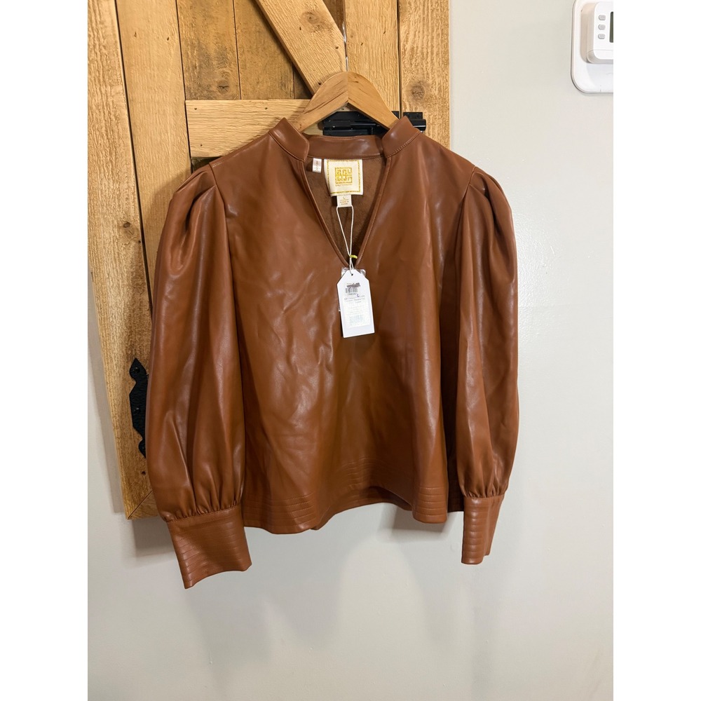 Emily McCarthy Hampton Top Luggage Brown Vegan Leather Puff Sleeve Blouse NWT L